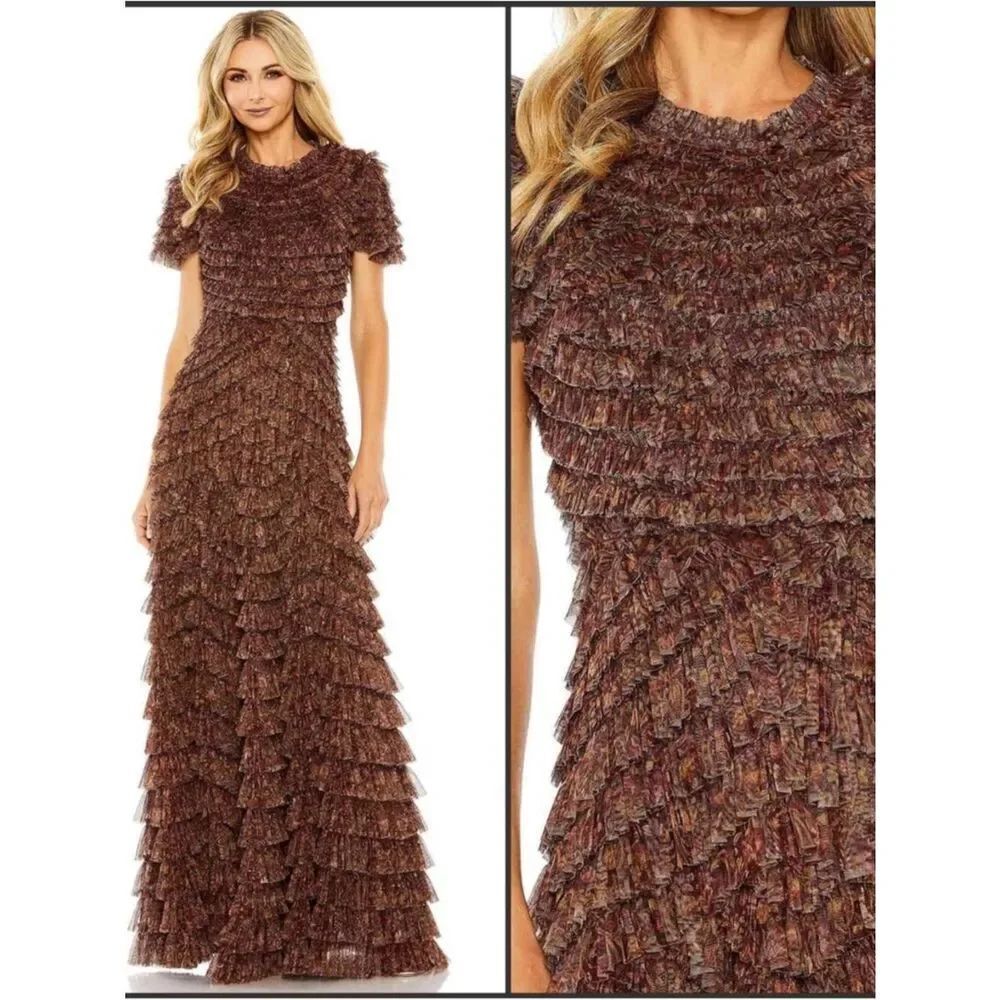 Mac Duggal Size 20 Brown Floral High Neck Ruffle Gown Maxi Dress